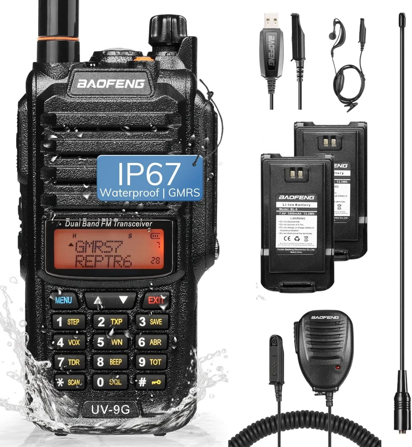 BAOFENG UV-9G GMRS Handheld Radio Waterproof IP67, Two Way Radios Long Range Dual Band NOAA Scanner GMRS Repeater Capable, Support CHIRP, with Two Batteries, 15.5" High Gain Antenna, Programming Cable