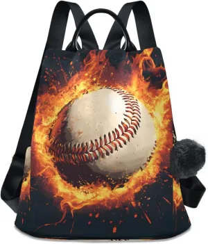 Baseball Flame Backpack for Women Anti Theft Large Fashion Travel Shoulder Bag Purse Rucksack Lightweight