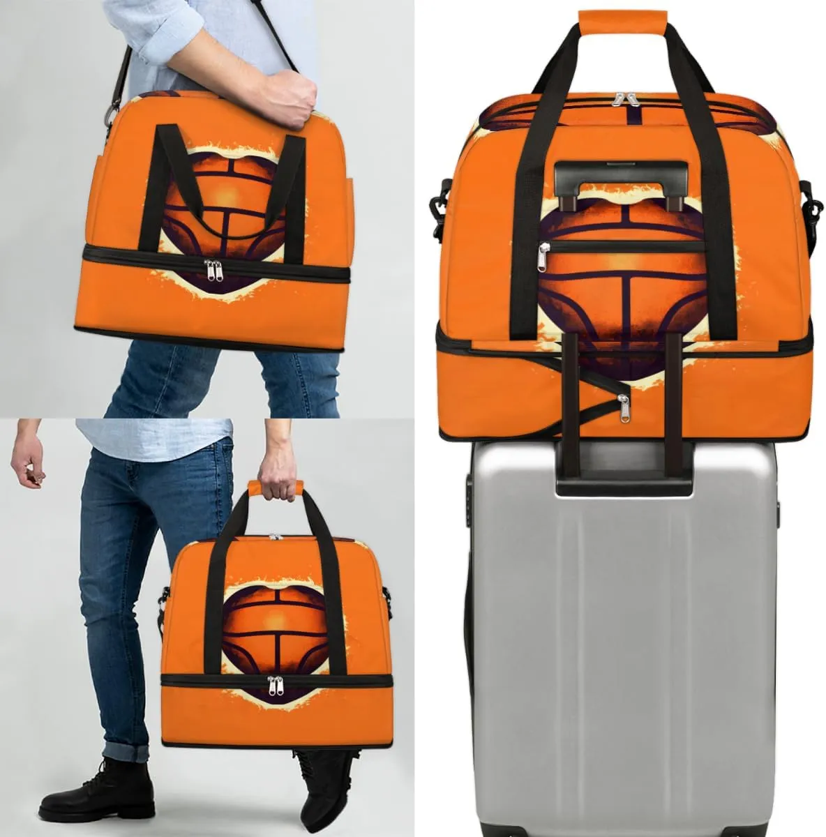 Basketballs Heart Foldable Duffle Bag with Shoes Compartment Large Capacity Waterproof Travel Weekender Bag Overnight Bag for Sports Gym