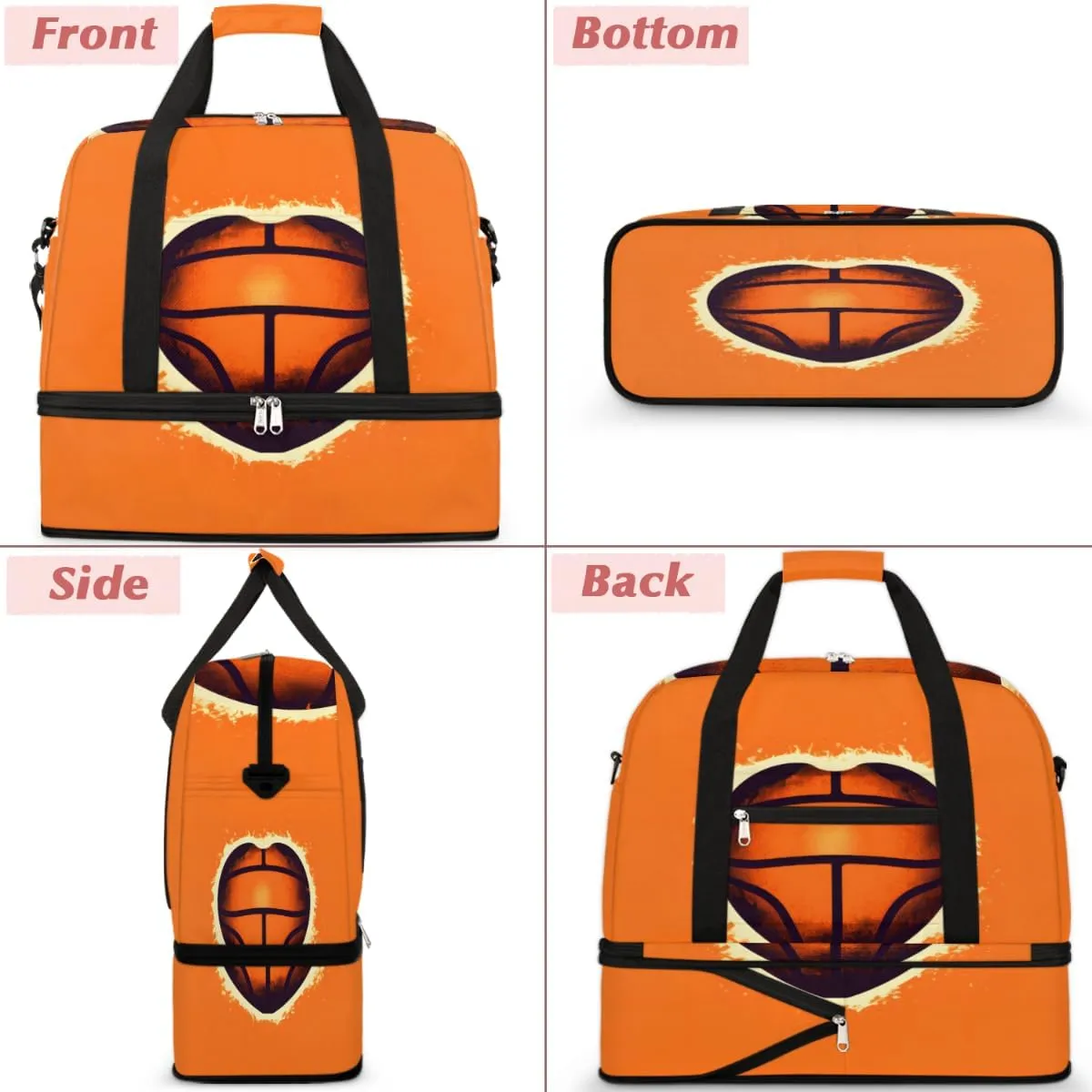 Basketballs Heart Foldable Duffle Bag with Shoes Compartment Large Capacity Waterproof Travel Weekender Bag Overnight Bag for Sports Gym