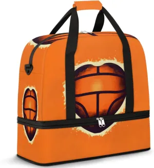 Basketballs Heart Foldable Duffle Bag with Shoes Compartment Large Capacity Waterproof Travel Weekender Bag Overnight Bag for Sports Gym