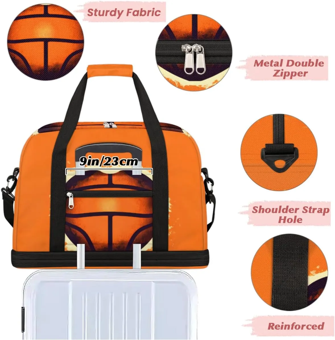 Basketballs Heart Foldable Duffle Bag with Shoes Compartment Large Capacity Waterproof Travel Weekender Bag Overnight Bag for Sports Gym