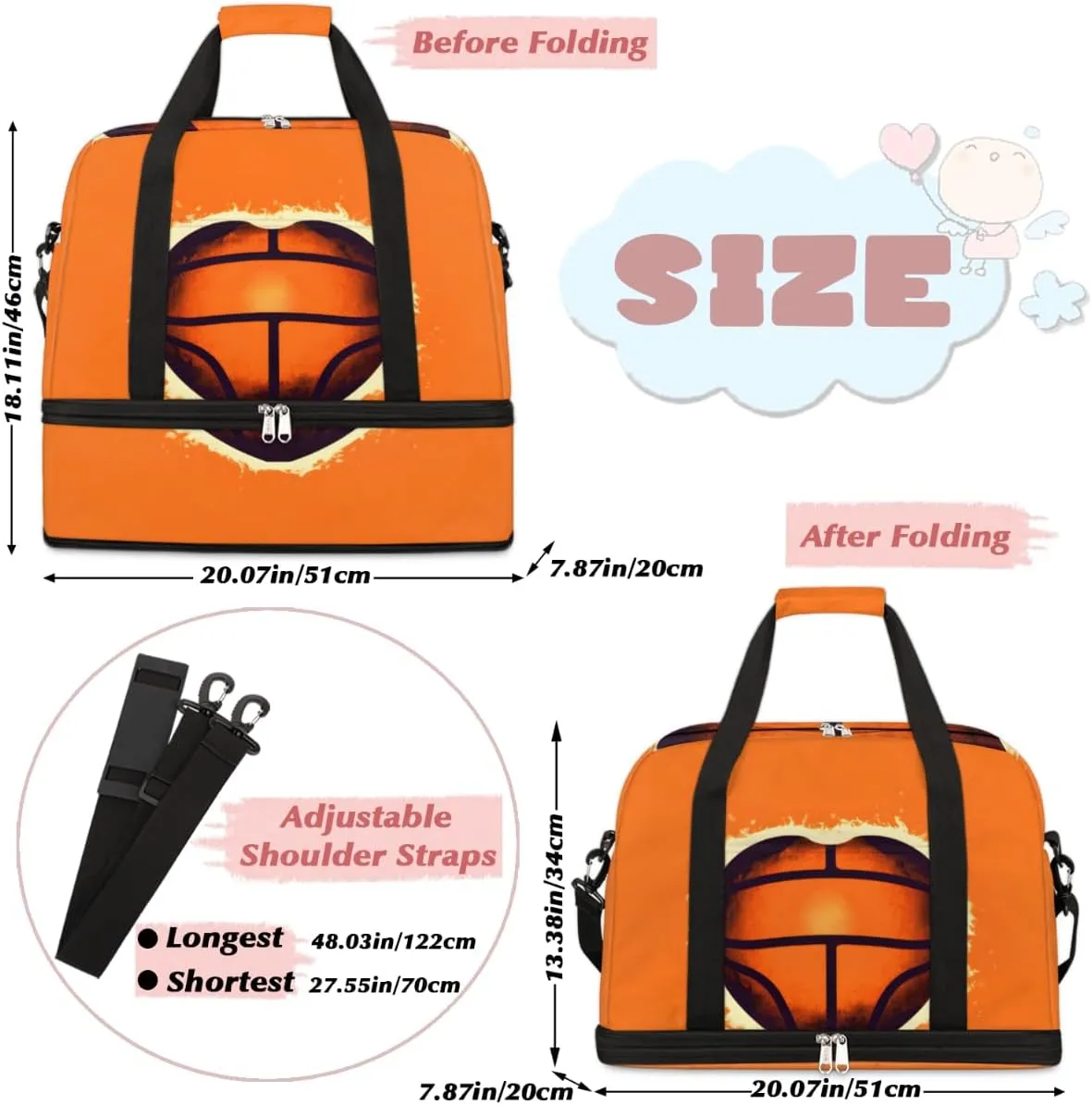Basketballs Heart Foldable Duffle Bag with Shoes Compartment Large Capacity Waterproof Travel Weekender Bag Overnight Bag for Sports Gym
