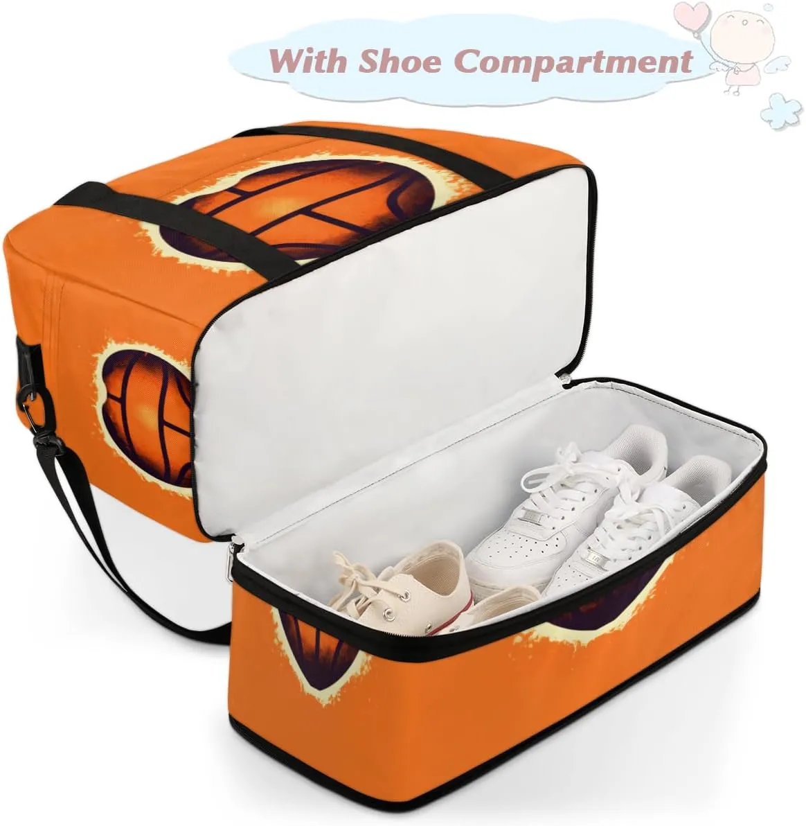 Basketballs Heart Foldable Duffle Bag with Shoes Compartment Large Capacity Waterproof Travel Weekender Bag Overnight Bag for Sports Gym