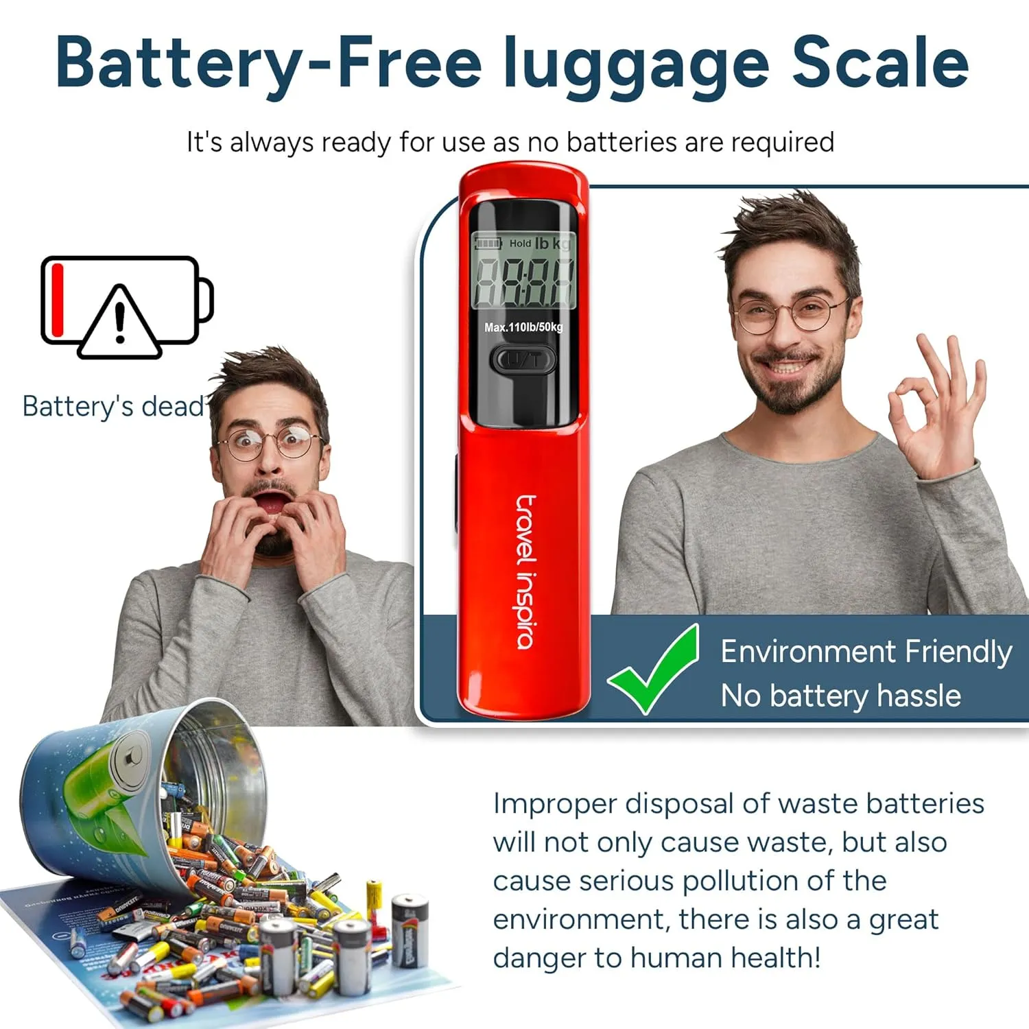 Battery-Free Luggage Scale, Suitcase Scale for Travel, 110 lbs/50 kg, Portable Handheld Weight Scale, No Batteries Needed