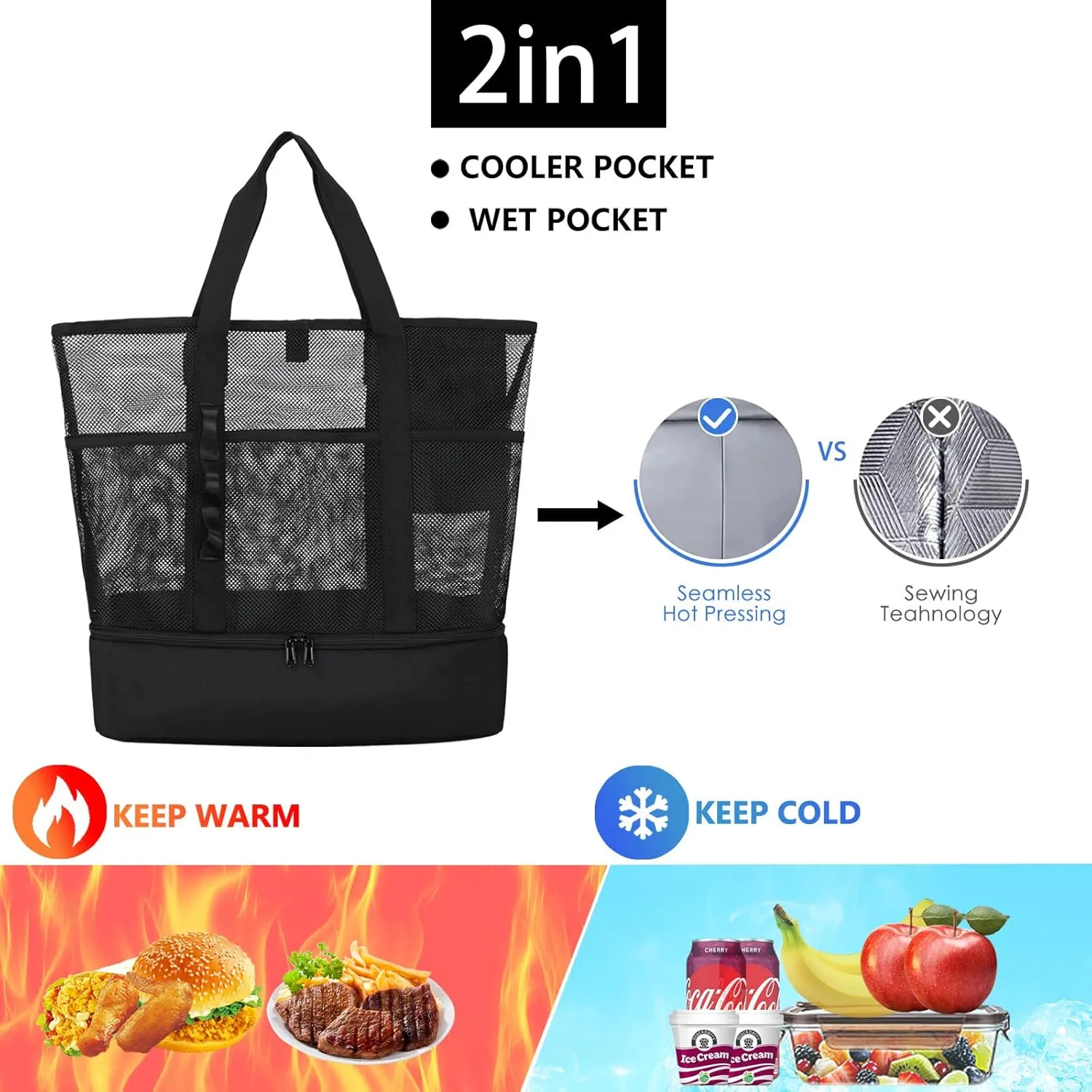 Beach Bag with Cooler,Mesh Beach Bags for Women Sandproof for Pool and Swimming Travel Daily with Durable 8 Pocket