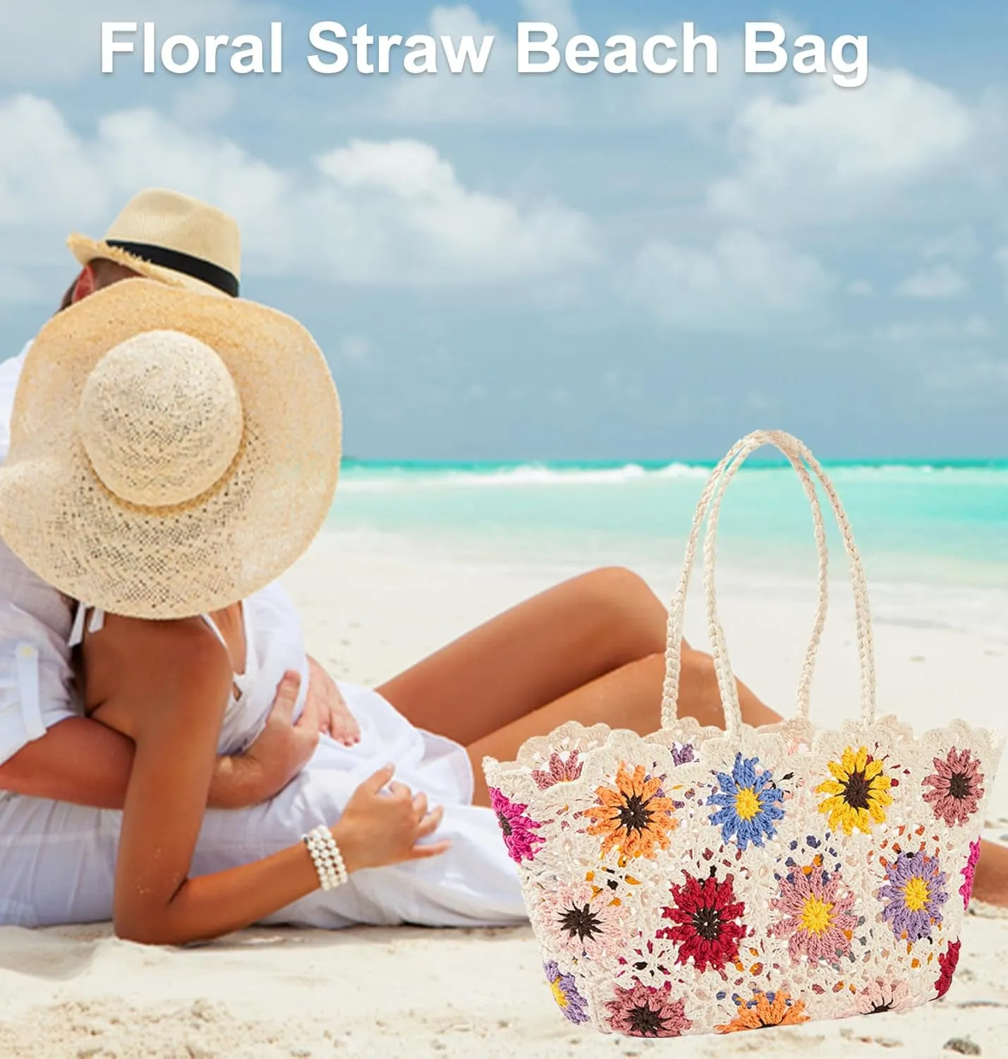Beach Bags for Women Straw Tote Bag Floral Straw Bag Beach Straw Bag Large Tote Handbag Summer Beach Bag