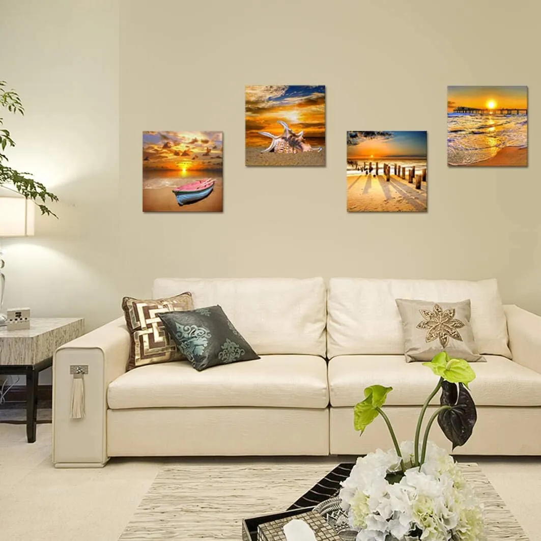 Beach Picture Wall Art Beach Poster Ocean Picture Sunset Beach Canvas Contemporary Scenery Beach Picture Photo Mural Artist Home Decor Wall Decoration Painting Canvas Printing 4 Pieces/Set