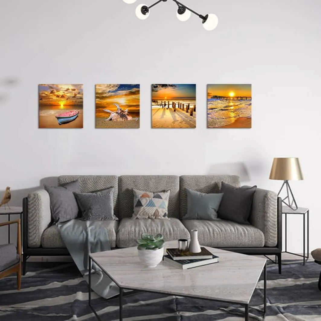 Beach Picture Wall Art Beach Poster Ocean Picture Sunset Beach Canvas Contemporary Scenery Beach Picture Photo Mural Artist Home Decor Wall Decoration Painting Canvas Printing 4 Pieces/Set
