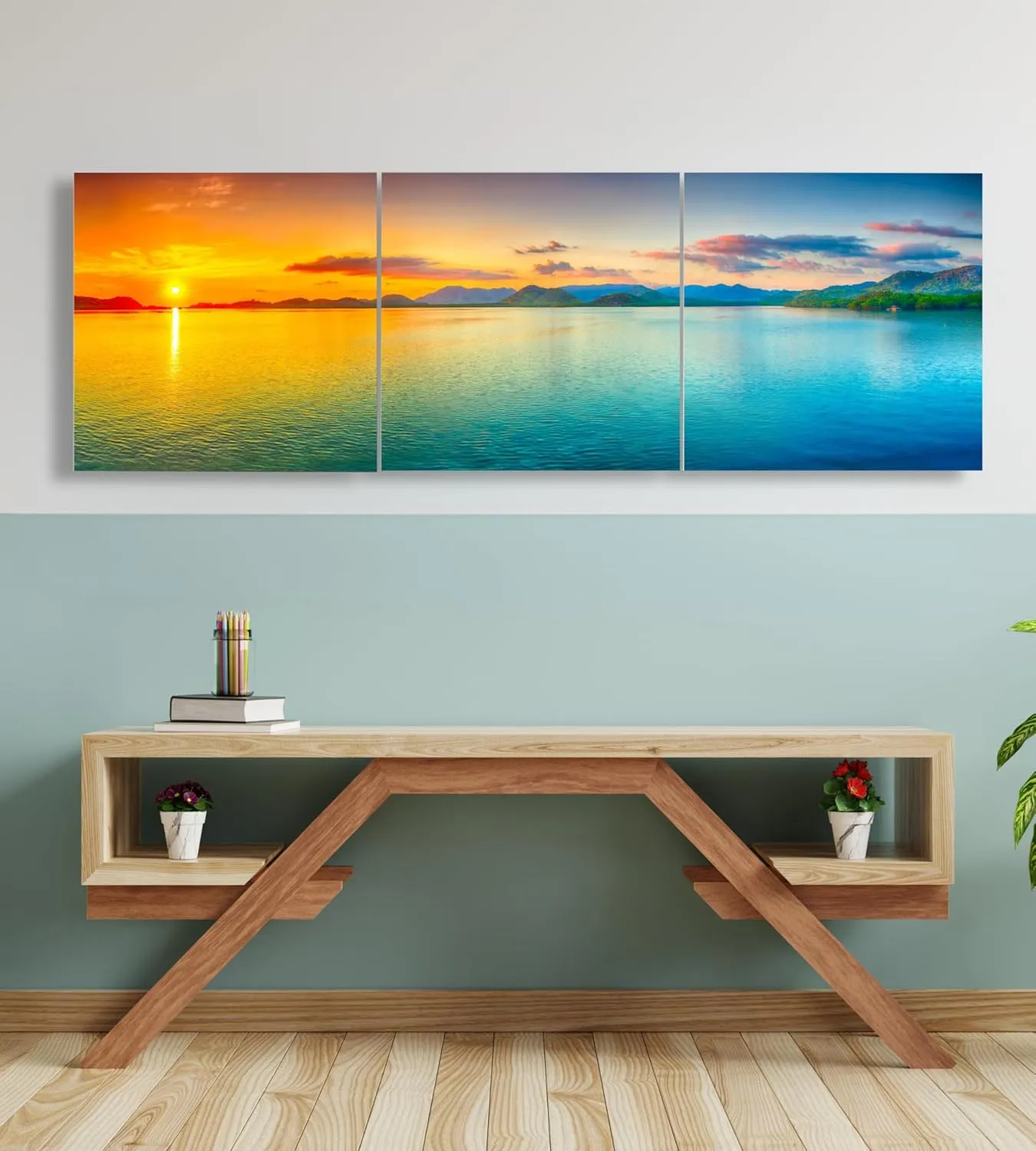 Beach Wall Art Decor - Sunset Ocean Wall Art 24x72 - Large Panoramic Beach Art Ocean Canvas Wall Art - 3 Piece Canvas Wall Art Print- Tropical Sea Ocean Picture for Wall, Living Room, Bedroom & Office
