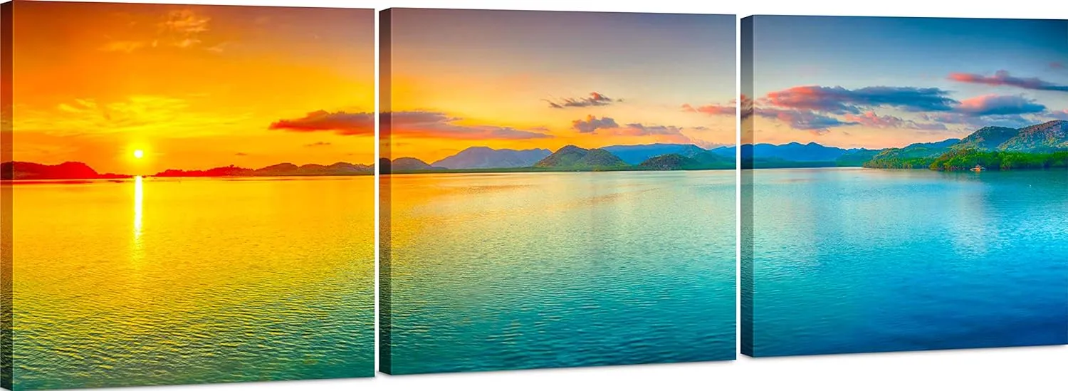 Beach Wall Art Decor - Sunset Ocean Wall Art 24x72 - Large Panoramic Beach Art Ocean Canvas Wall Art - 3 Piece Canvas Wall Art Print- Tropical Sea Ocean Picture for Wall, Living Room, Bedroom & Office