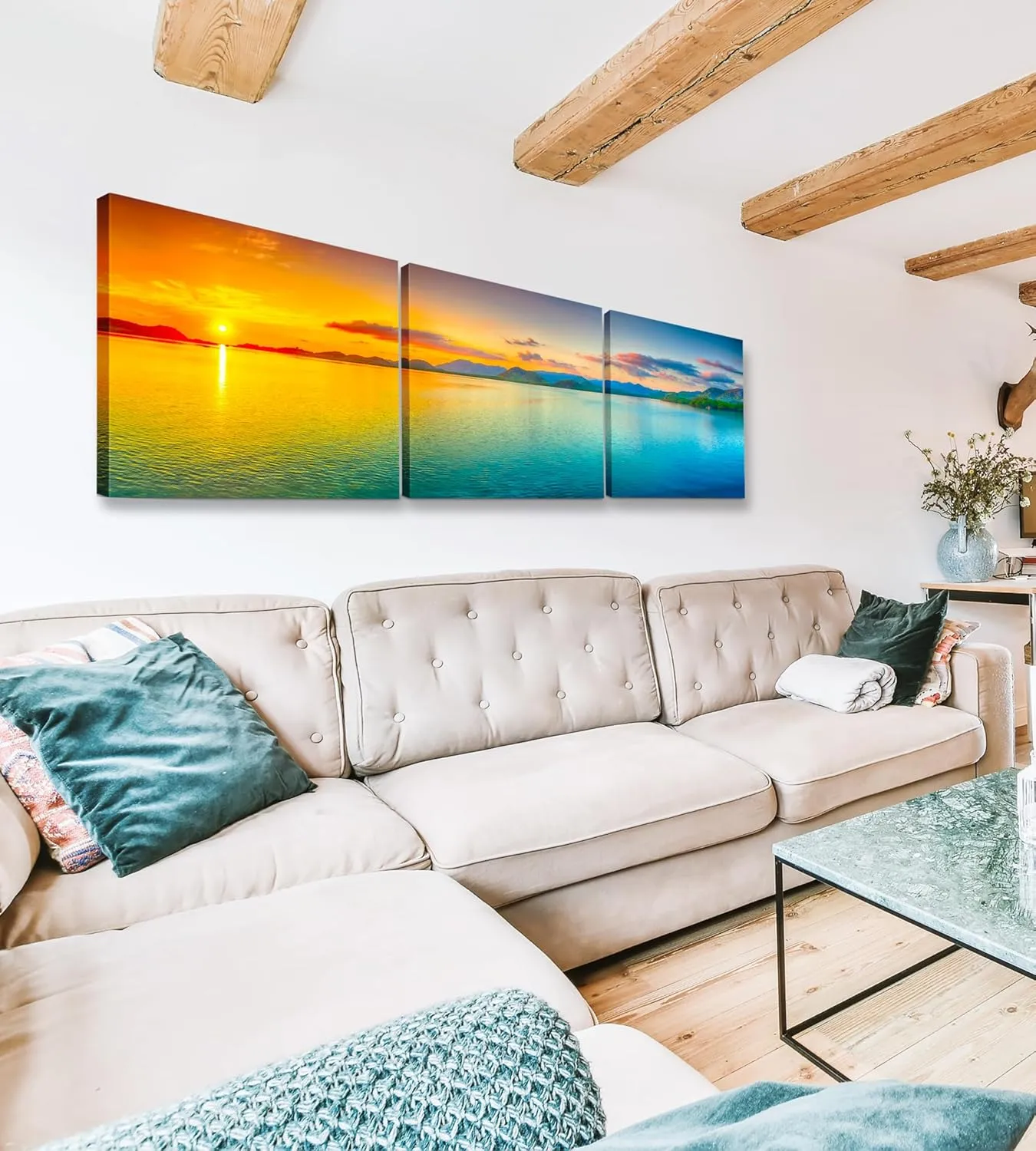 Beach Wall Art Decor - Sunset Ocean Wall Art 24x72 - Large Panoramic Beach Art Ocean Canvas Wall Art - 3 Piece Canvas Wall Art Print- Tropical Sea Ocean Picture for Wall, Living Room, Bedroom & Office