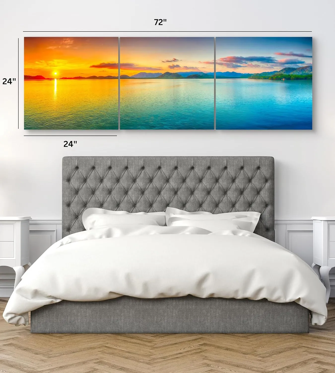 Beach Wall Art Decor - Sunset Ocean Wall Art 24x72 - Large Panoramic Beach Art Ocean Canvas Wall Art - 3 Piece Canvas Wall Art Print- Tropical Sea Ocean Picture for Wall, Living Room, Bedroom & Office