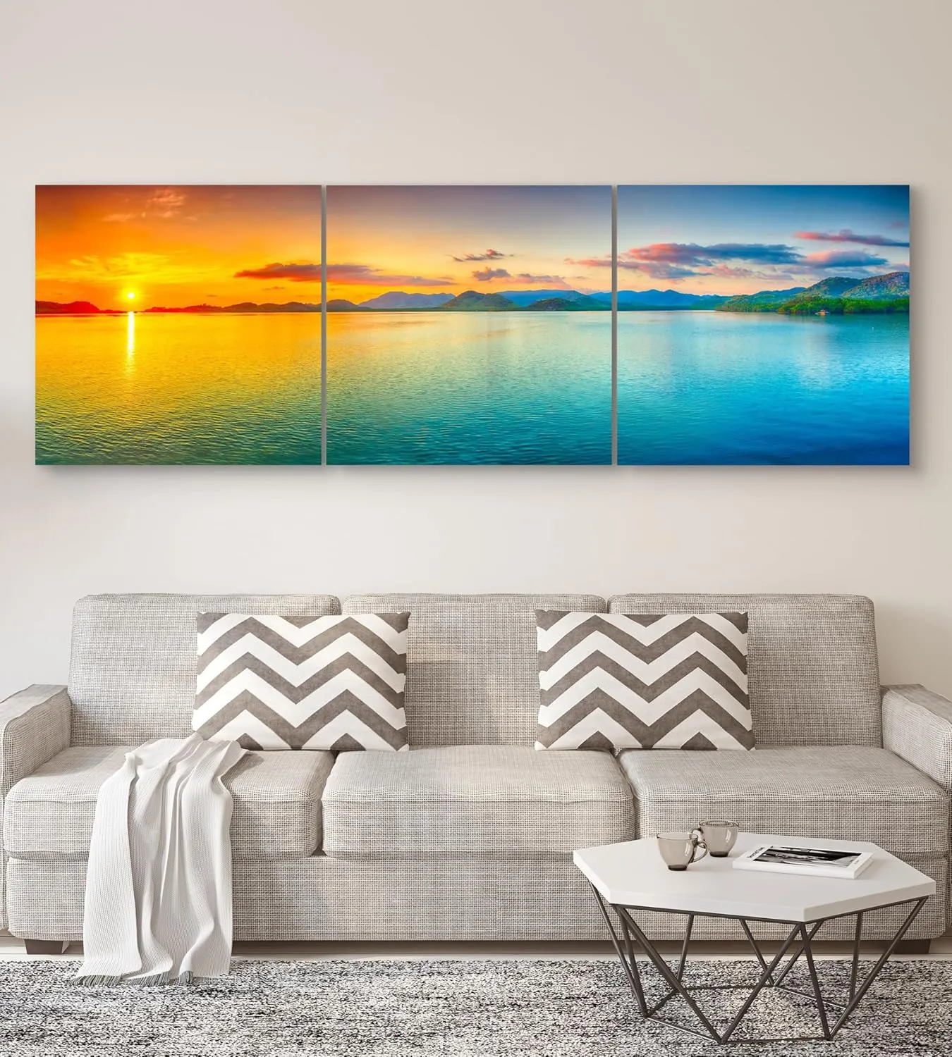 Beach Wall Art Decor - Sunset Ocean Wall Art 24x72 - Large Panoramic Beach Art Ocean Canvas Wall Art - 3 Piece Canvas Wall Art Print- Tropical Sea Ocean Picture for Wall, Living Room, Bedroom & Office