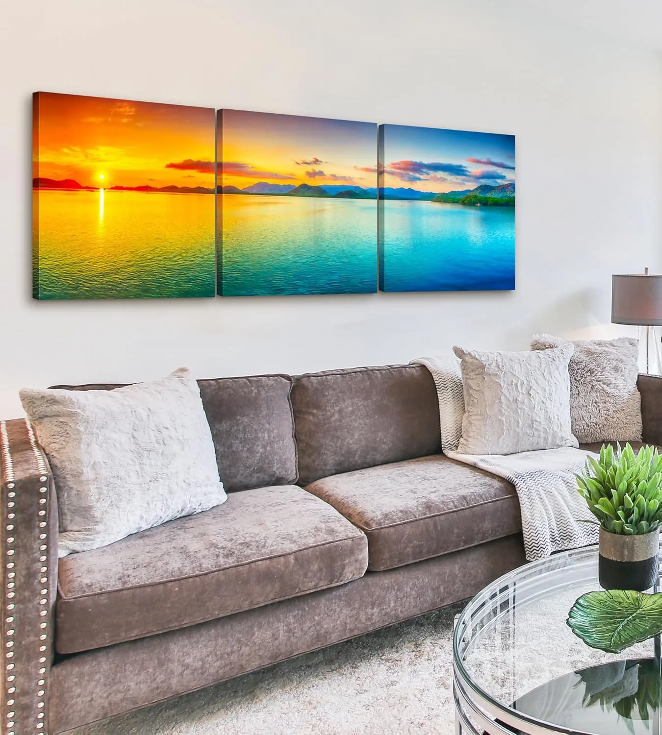 Beach Wall Art Decor - Sunset Ocean Wall Art 24x72 - Large Panoramic Beach Art Ocean Canvas Wall Art - 3 Piece Canvas Wall Art Print- Tropical Sea Ocean Picture for Wall, Living Room, Bedroom & Office
