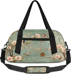 Beautiful Flowers Animal Bird Pattern Kids Duffel Bag Lightweight Waterproof Sports Gym Bag with Front Zipper Pocket Foldable Weekender Overnight Bag for School Practice Gymnastic Ballet