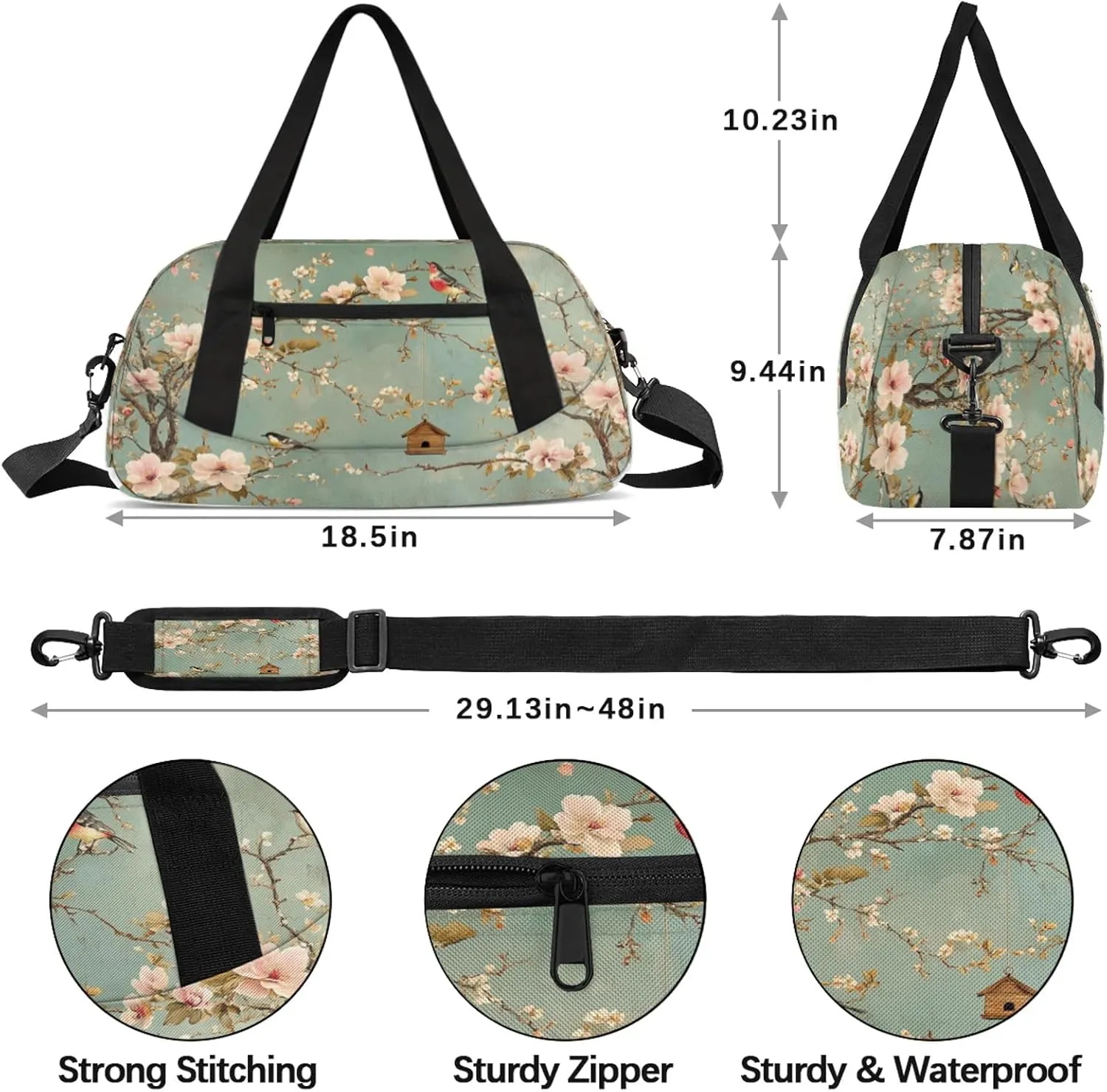 Beautiful Flowers Animal Bird Pattern Kids Duffel Bag Lightweight Waterproof Sports Gym Bag with Front Zipper Pocket Foldable Weekender Overnight Bag for School Practice Gymnastic Ballet
