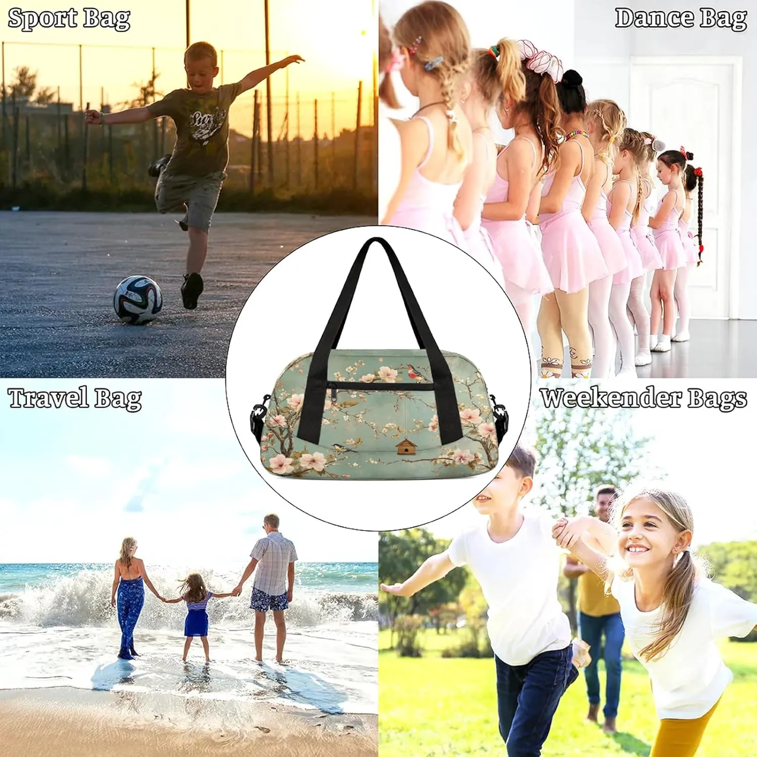 Beautiful Flowers Animal Bird Pattern Kids Duffel Bag Lightweight Waterproof Sports Gym Bag with Front Zipper Pocket Foldable Weekender Overnight Bag for School Practice Gymnastic Ballet