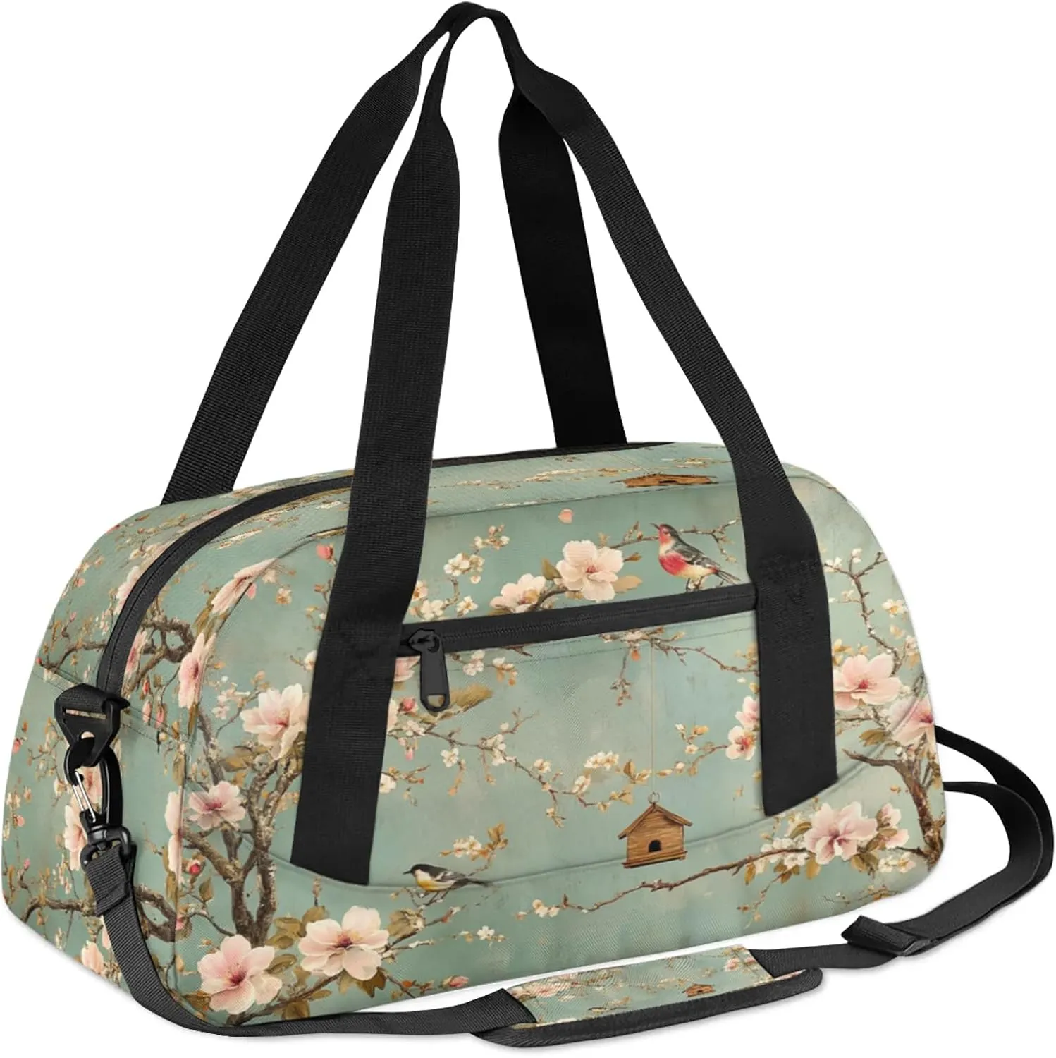 Beautiful Flowers Animal Bird Pattern Kids Duffel Bag Lightweight Waterproof Sports Gym Bag with Front Zipper Pocket Foldable Weekender Overnight Bag for School Practice Gymnastic Ballet