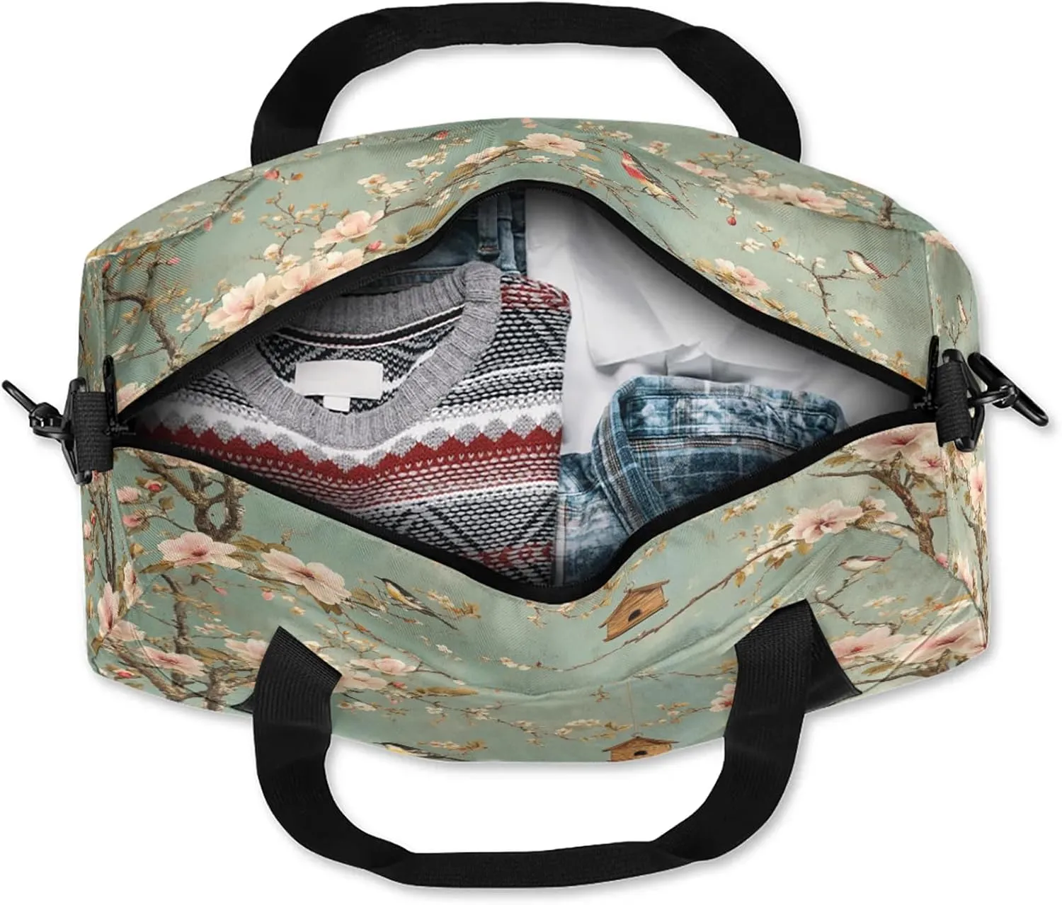 Beautiful Flowers Animal Bird Pattern Kids Duffel Bag Lightweight Waterproof Sports Gym Bag with Front Zipper Pocket Foldable Weekender Overnight Bag for School Practice Gymnastic Ballet