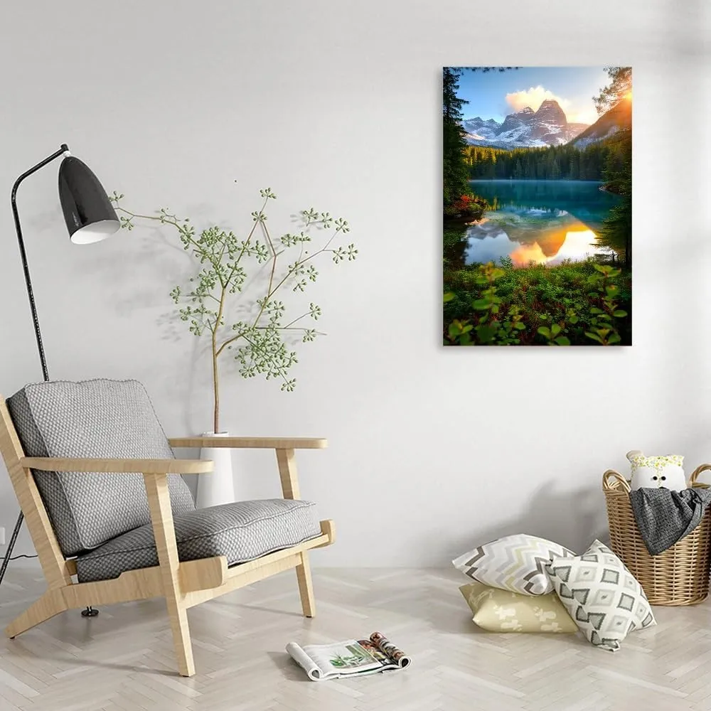 Beautiful Lake Mountain Range Sunrise Sunset Landscape Canvas Wall Art For Living Room, Autumn Forest National Park Scenery, Nature Scenic Picture Print Artwork Painting Decor,Inner Frame(Framed)