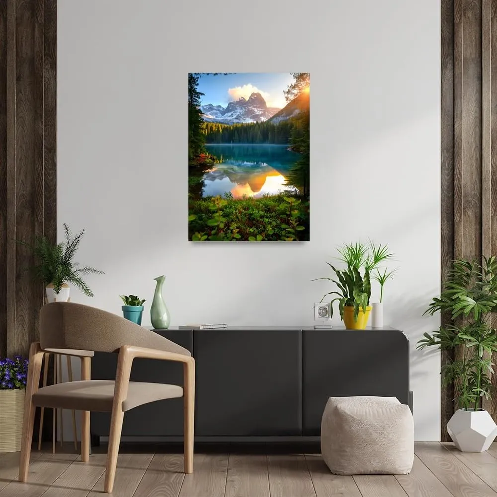 Beautiful Lake Mountain Range Sunrise Sunset Landscape Canvas Wall Art For Living Room, Autumn Forest National Park Scenery, Nature Scenic Picture Print Artwork Painting Decor,Inner Frame(Framed)
