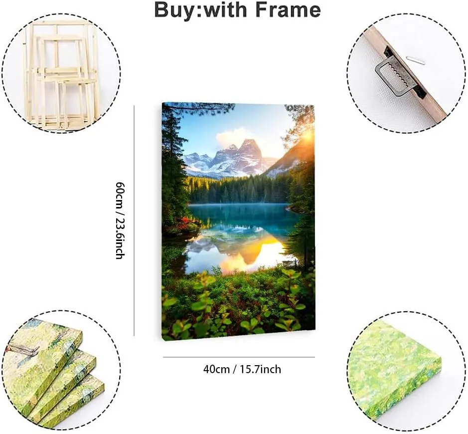 Beautiful Lake Mountain Range Sunrise Sunset Landscape Canvas Wall Art For Living Room, Autumn Forest National Park Scenery, Nature Scenic Picture Print Artwork Painting Decor,Inner Frame(Framed)