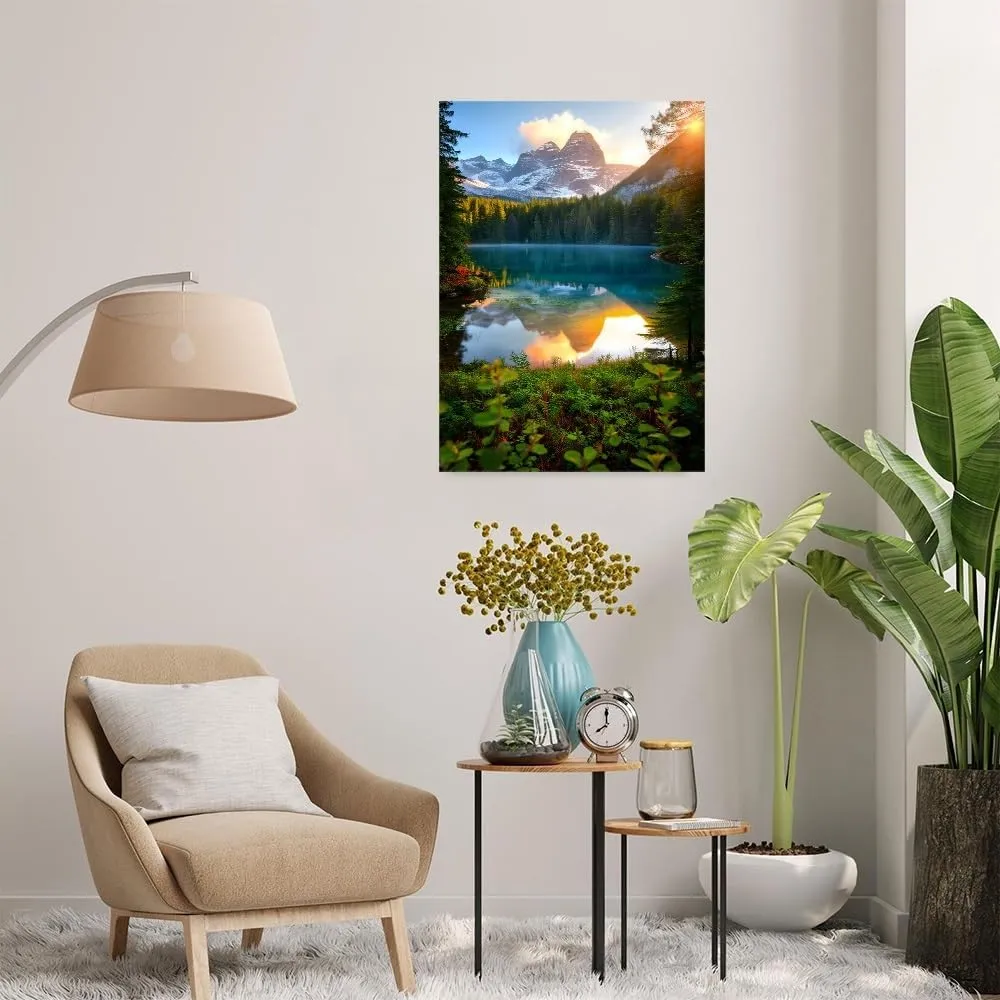 Beautiful Lake Mountain Range Sunrise Sunset Landscape Canvas Wall Art For Living Room, Autumn Forest National Park Scenery, Nature Scenic Picture Print Artwork Painting Decor,Inner Frame(Framed)