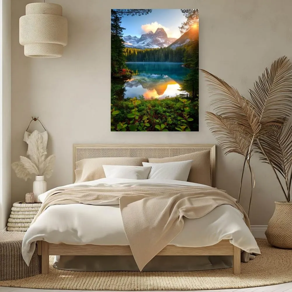 Beautiful Lake Mountain Range Sunrise Sunset Landscape Canvas Wall Art For Living Room, Autumn Forest National Park Scenery, Nature Scenic Picture Print Artwork Painting Decor,Inner Frame(Framed)