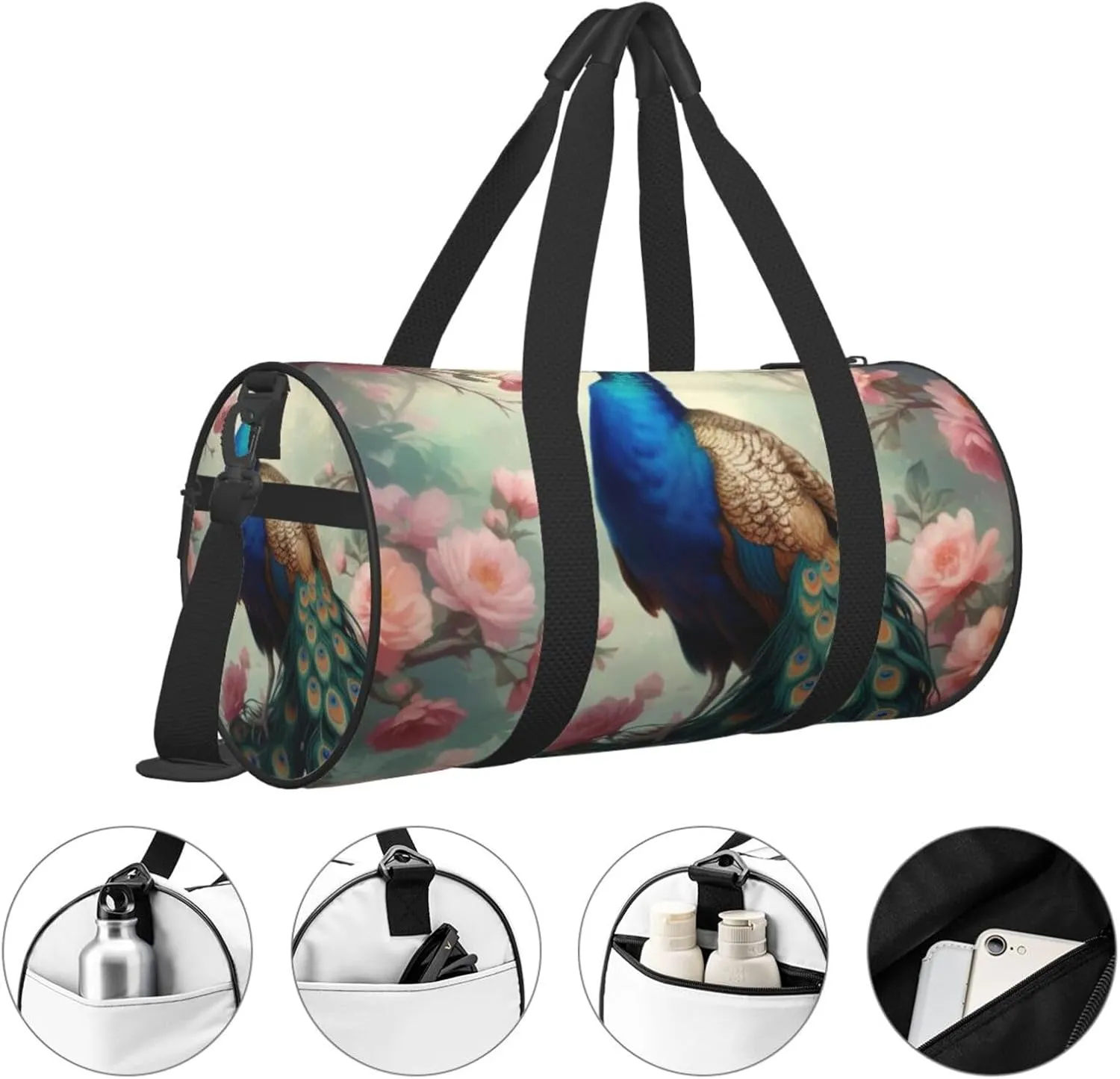 Beautiful Peacock and Floral Printed Travel Bag,Round Personal Item Storage bag,Foldie Duffel Bag for Traveling Vacation,Fitness,Sports