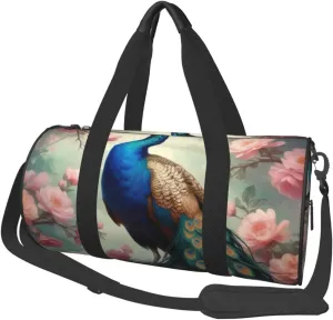 Beautiful Peacock and Floral Printed Travel Bag,Round Personal Item Storage bag,Foldie Duffel Bag for Traveling Vacation,Fitness,Sports