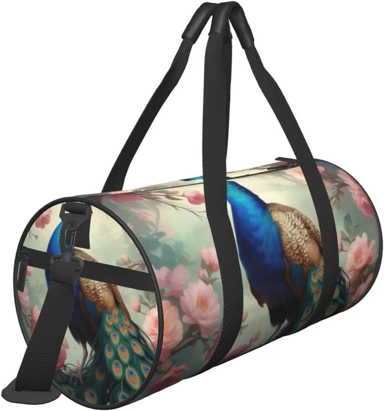 Beautiful Peacock and Floral Printed Travel Bag,Round Personal Item Storage bag,Foldie Duffel Bag for Traveling Vacation,Fitness,Sports