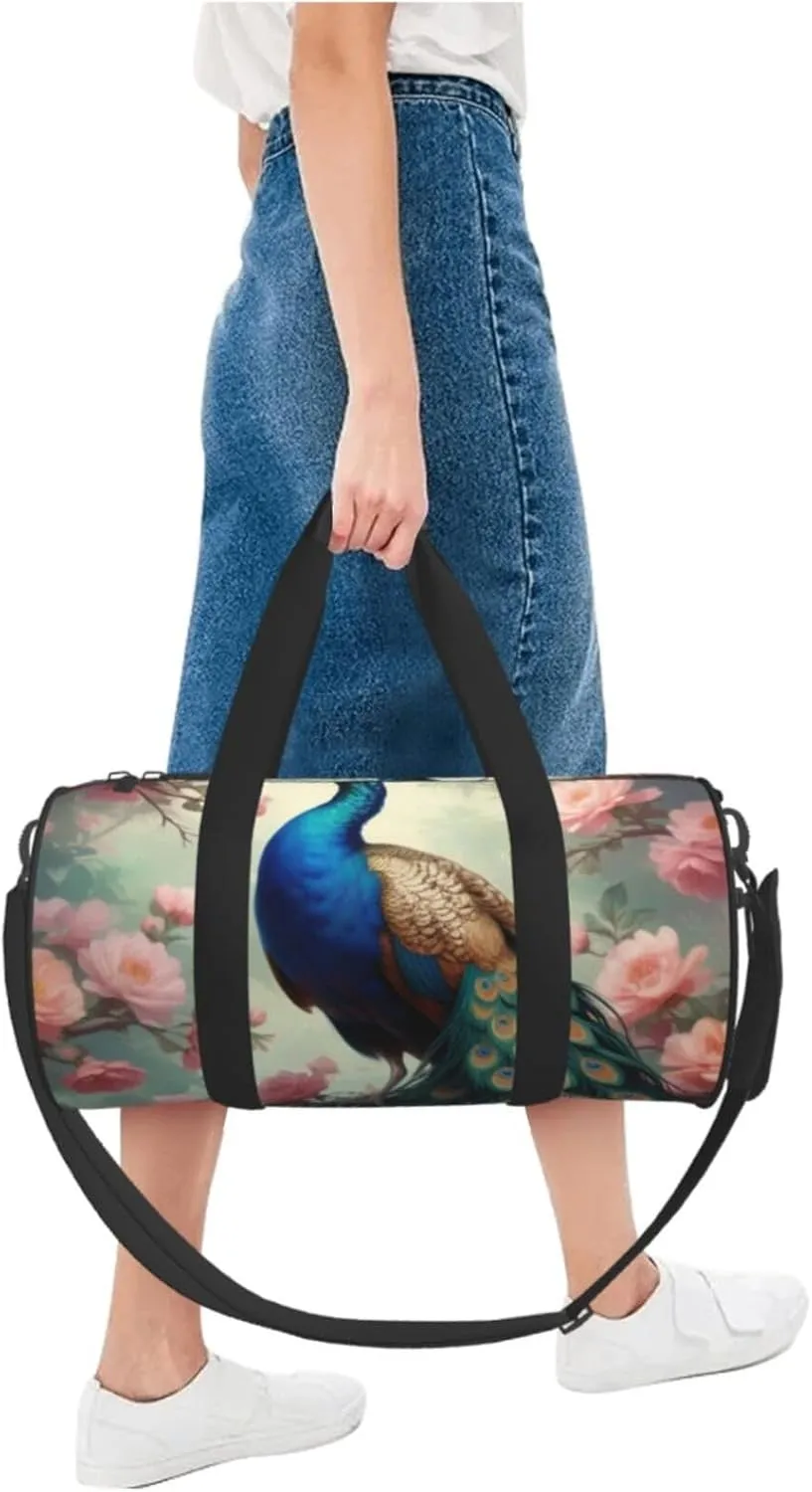 Beautiful Peacock and Floral Printed Travel Bag,Round Personal Item Storage bag,Foldie Duffel Bag for Traveling Vacation,Fitness,Sports
