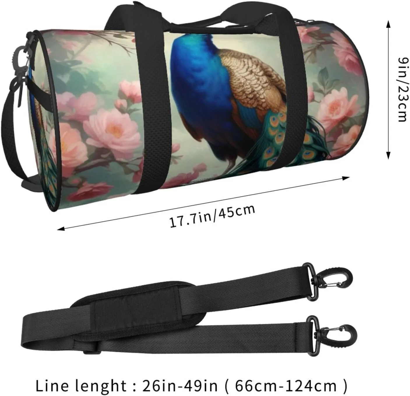 Beautiful Peacock and Floral Printed Travel Bag,Round Personal Item Storage bag,Foldie Duffel Bag for Traveling Vacation,Fitness,Sports