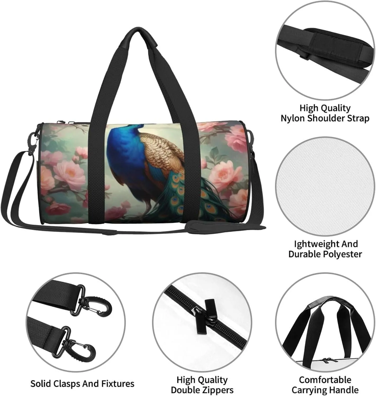 Beautiful Peacock and Floral Printed Travel Bag,Round Personal Item Storage bag,Foldie Duffel Bag for Traveling Vacation,Fitness,Sports
