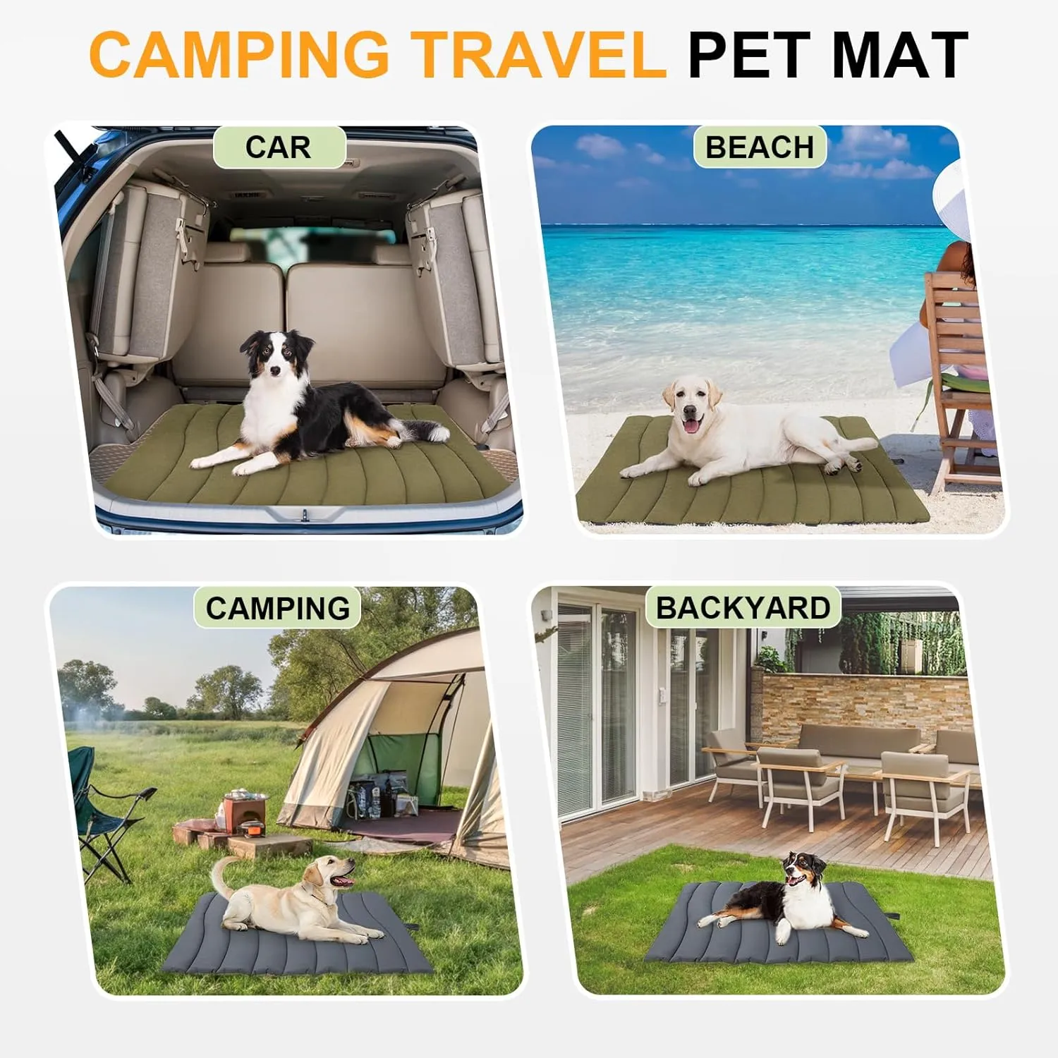 BEAUTYZOO Outdoor Dog Bed Waterproof, Camping Dog Bed Reversible, Portable Travel Bed with Carry Bag- Machine Washable, Durable, Foldable Outdoor Pet Bed Mat for Medium Large Dogs, 35” x 51“ Green