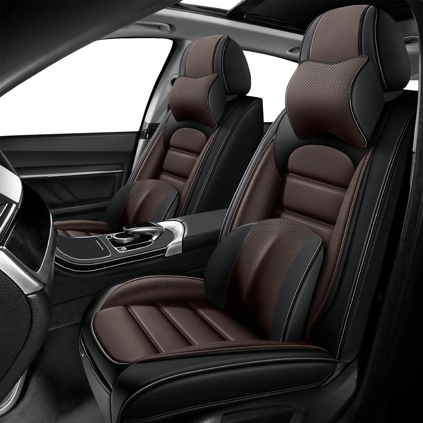 Benz CLK-Class 2000-2009 Car Seat Covers Full Set - Premium Leather Seat Covers for Cars, All-Weather Protection for Enhanced Protection & Style(Full Set with Pillow,Coffee)