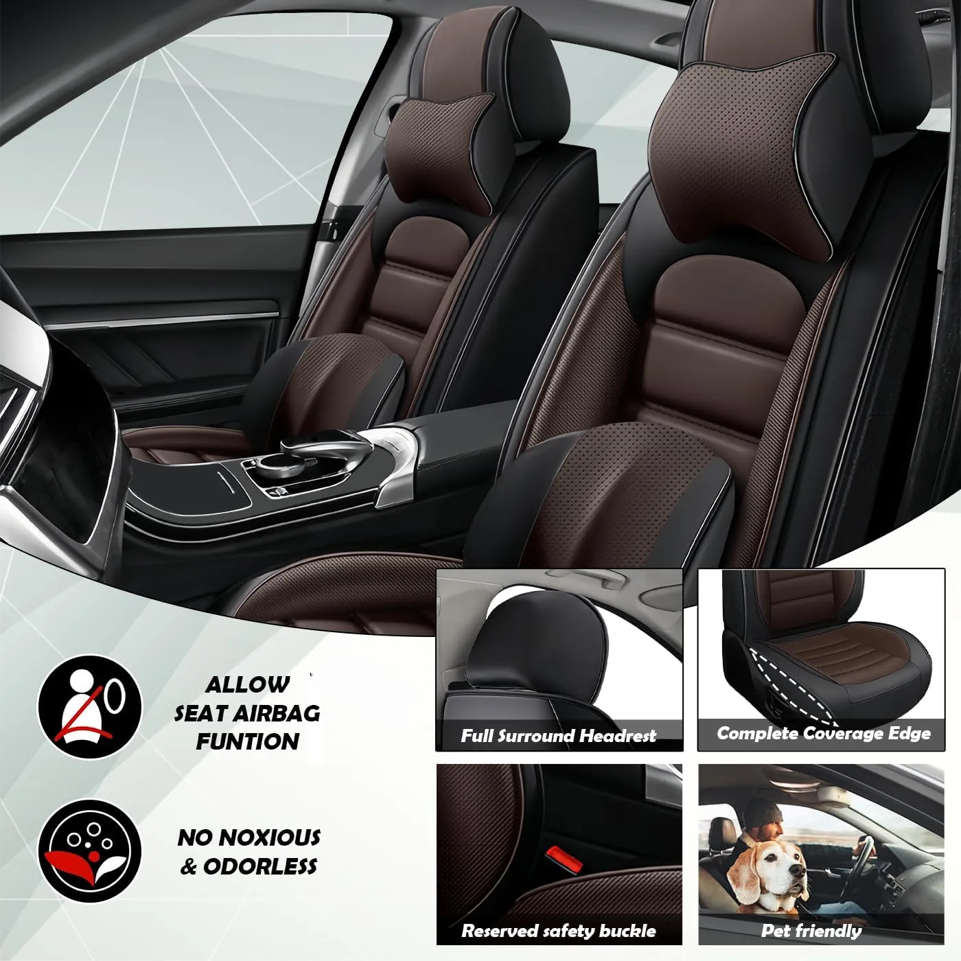 Benz CLK-Class 2000-2009 Car Seat Covers Full Set - Premium Leather Seat Covers for Cars, All-Weather Protection for Enhanced Protection & Style(Full Set with Pillow,Coffee)