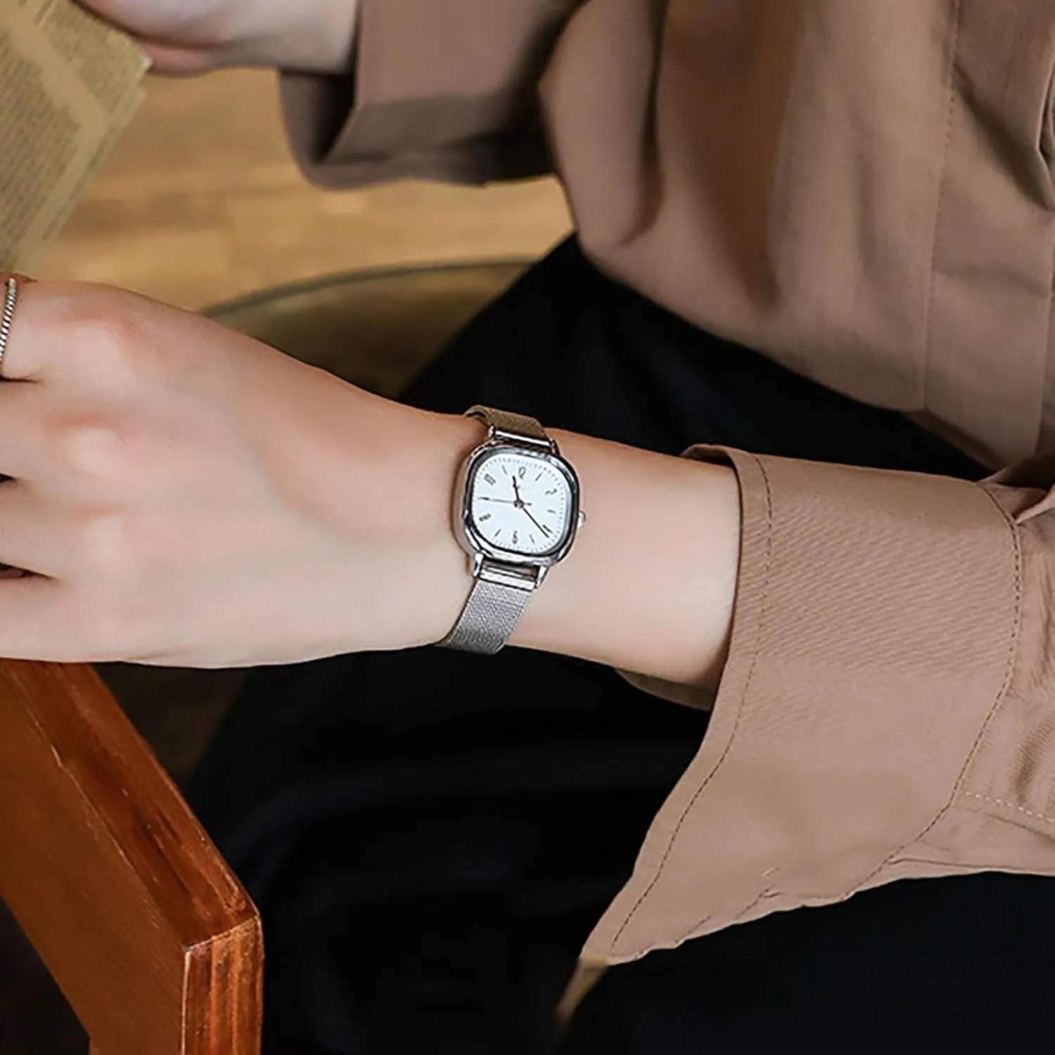 BESTKANG Women's Mesh Bracelet Watch Retro Square Stainless Steel Ladies Watch Dress Waterproof Analog Quartz Watches for Women
