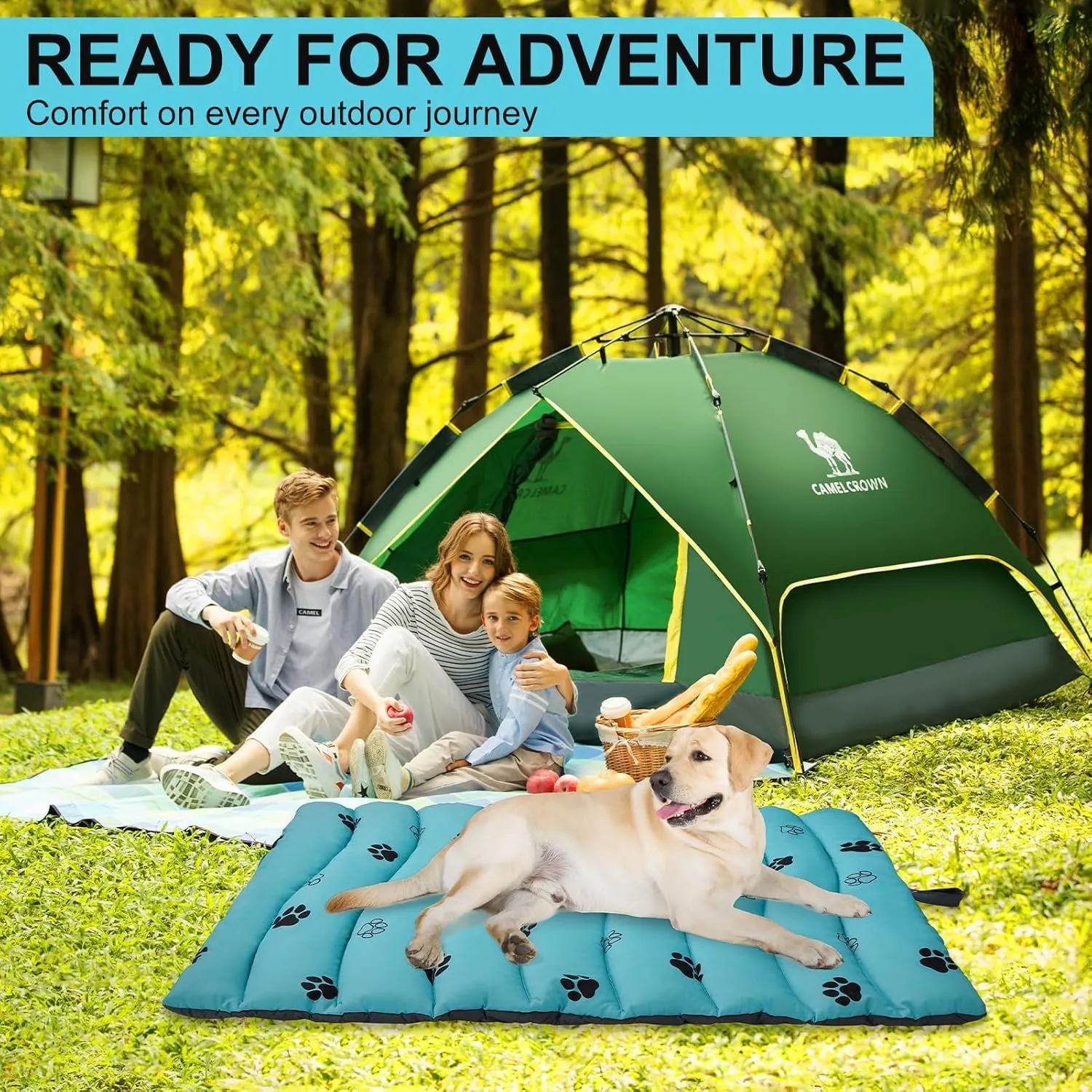 BINGPET Outdoor Travel Dog Bed for Large/Medium Dogs,Portable Waterproof Camping Mat with Carry Bag,Foldable Outside Bed,Machine Washable Indoor Pet Mat for Small,Medium and Large Dogs 26”x43”