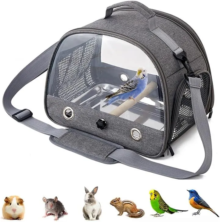 Bird Travel Carrier with Stainless Steel Tray,Lightweight Breathable Parrot Cage with Removable Wooden Stand Stick and Long Shoulder Strap,Bird Cages for Parakeets Budgie