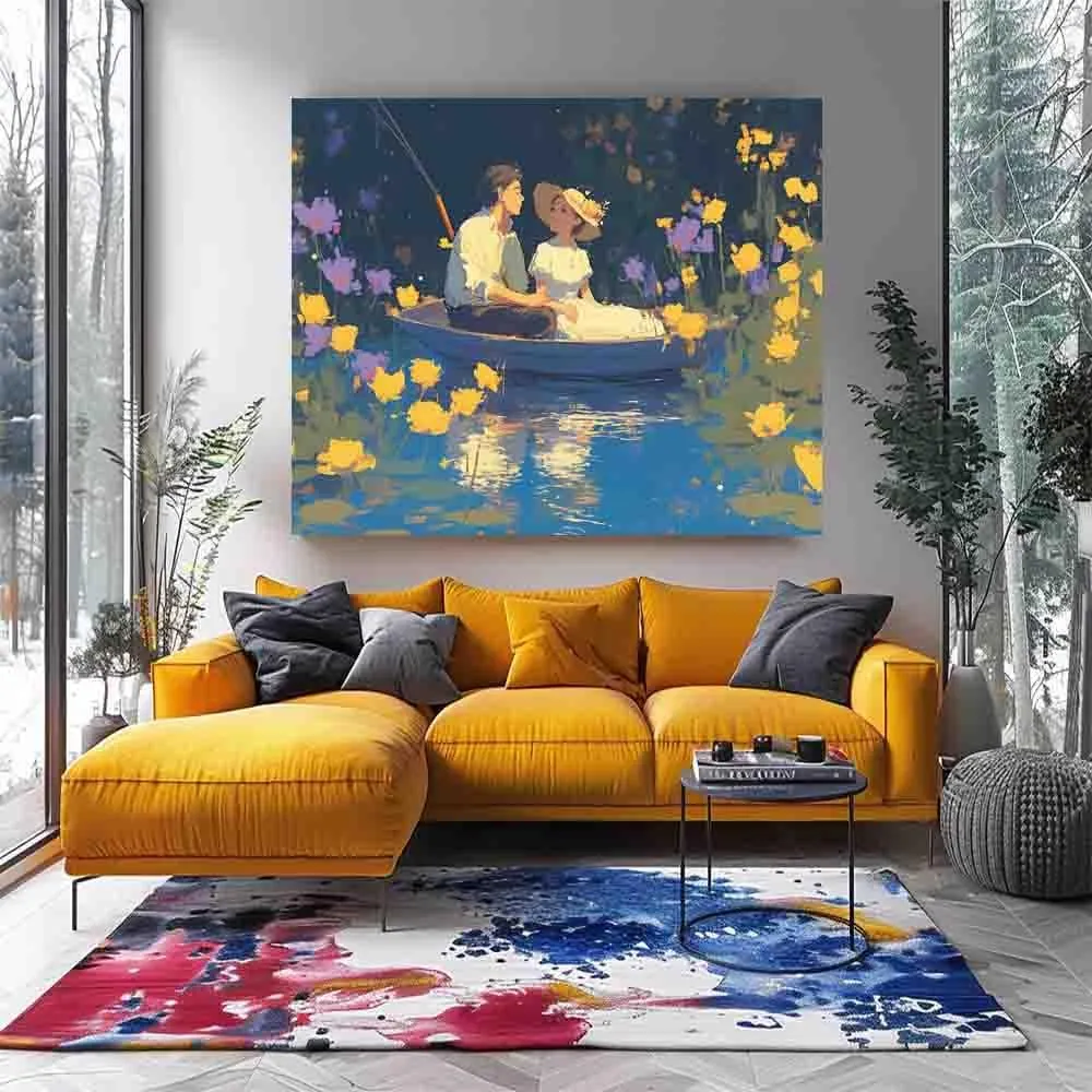 BJOHVPPS There were flowers all around the lake. There was a couple in a boat on the lake. canvas art wall decor， for living room, bedroom, office - Wrapped Canvas Painting，16x24inch