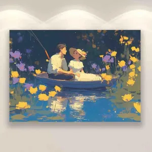 BJOHVPPS There were flowers all around the lake. There was a couple in a boat on the lake. canvas art wall decor， for living room, bedroom, office - Wrapped Canvas Painting，16x24inch