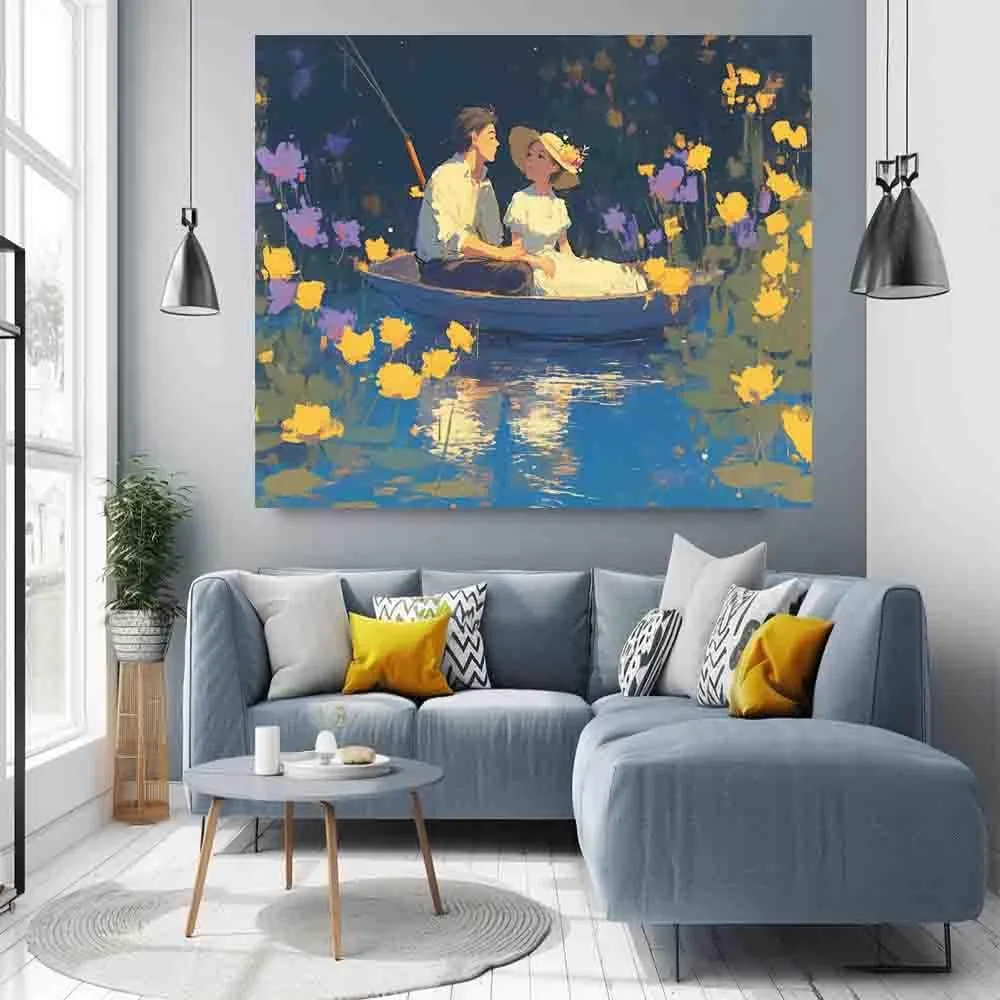 BJOHVPPS There were flowers all around the lake. There was a couple in a boat on the lake. canvas art wall decor， for living room, bedroom, office - Wrapped Canvas Painting，16x24inch