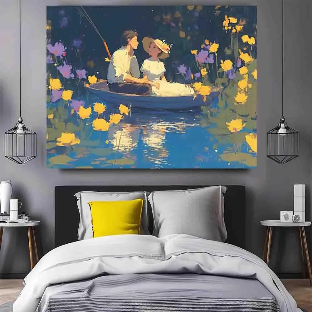 BJOHVPPS There were flowers all around the lake. There was a couple in a boat on the lake. canvas art wall decor， for living room, bedroom, office - Wrapped Canvas Painting，16x24inch