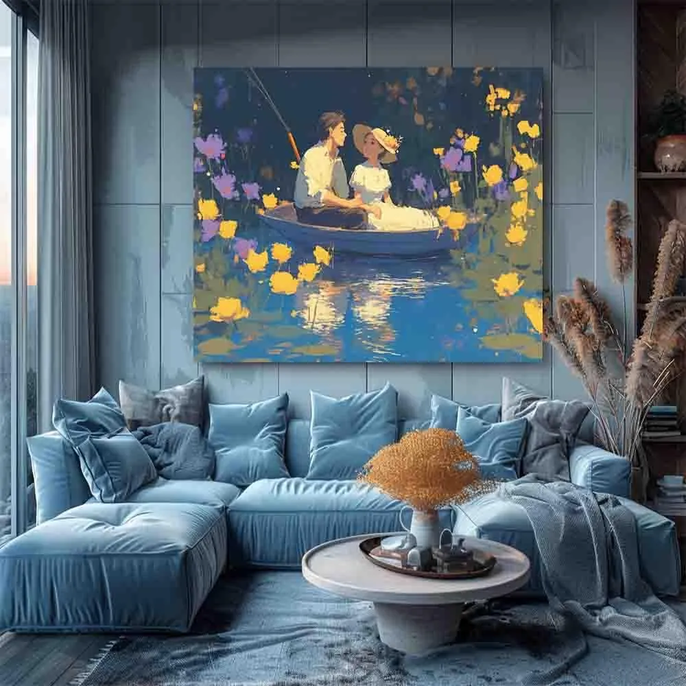 BJOHVPPS There were flowers all around the lake. There was a couple in a boat on the lake. canvas art wall decor， for living room, bedroom, office - Wrapped Canvas Painting，16x24inch