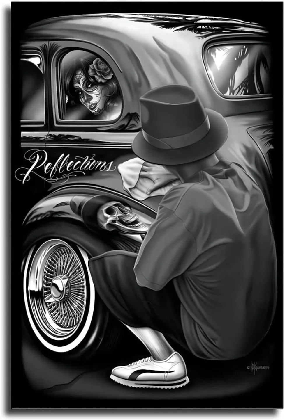 BKE DGA Day of The Dead Lowrider Classic Skull Reflections Canvas Art Poster Wall Art Picture Print Modern Art Living Room Decor Posters 08x12inch(20x30cm)