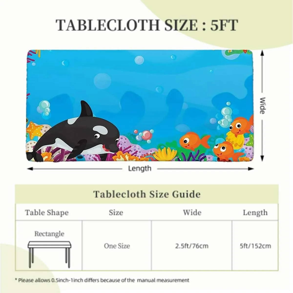 Black and Blue Fitted Table Cover for Square Tables Swimming Ocean Cartoon Protector with Elastic for Rectangle Picnic Tables, Washable Animal Fits up 5 Foot Tables