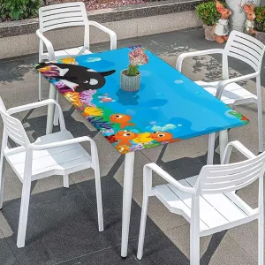 Black and Blue Fitted Table Cover for Square Tables Swimming Ocean Cartoon Protector with Elastic for Rectangle Picnic Tables, Washable Animal Fits up 5 Foot Tables