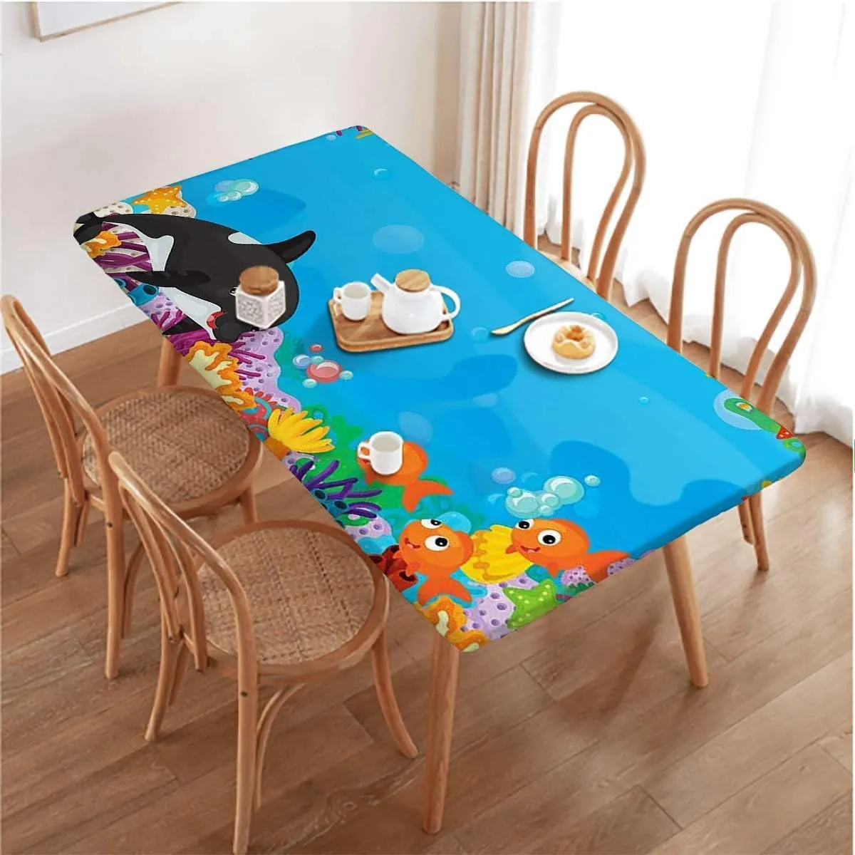 Black and Blue Fitted Table Cover for Square Tables Swimming Ocean Cartoon Protector with Elastic for Rectangle Picnic Tables, Washable Animal Fits up 5 Foot Tables